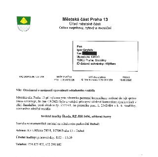 Městská část Praha 13, Úřad městské části, Odbor majetkový, bytový a investiční. Oznámení o možnosti vyzvednutí odtaženého vozidla. Adresát: Pan Igor Grytsiv,…