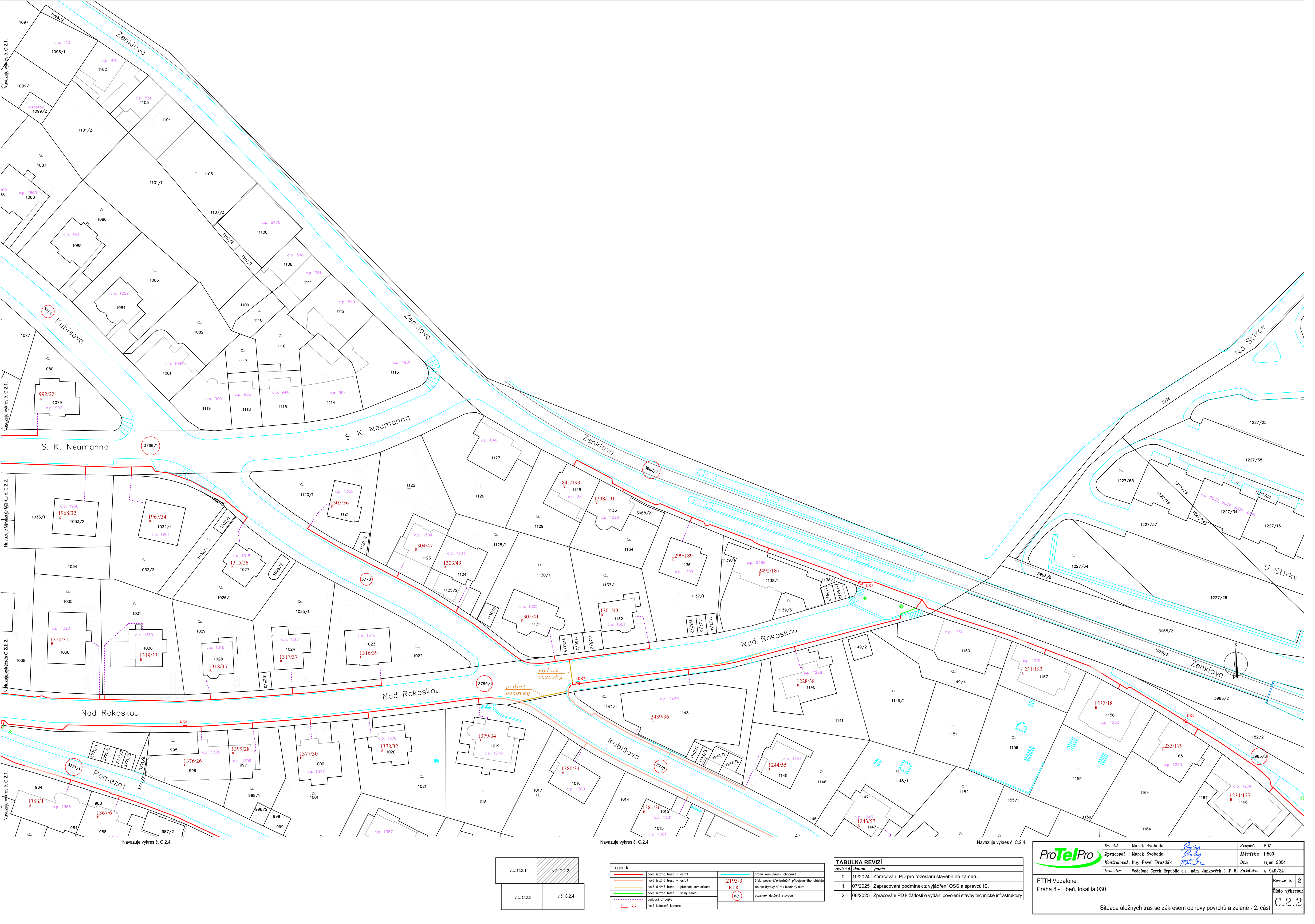 Situační výkres inženýrských sítí (FTTH Vodafone) pro lokalitu Praha 8 - Libeň, lokalita 030. Výkres zobrazuje trasy optických kabelů v ulicích Zenklova, Nad Rokoskou, Kubišova a Pomezní. Obsahuje katastrální čísla parcel a technické značení tras. V pravém dolním rohu je tabulka revizí: 0 (10/2024) - Zapracování PD pro rozeslání stavebního záměru; 1 (07/2025) - Zapracování podmínek z vyjádření OSS a správců IS; 2 (08/2025) - Zapracování PD k žádosti o vydání povolení stavby technické infrastruktury. Zpracovatel: Marek Svoboda, datum říjen 2024, číslo výkresu C.2.2.