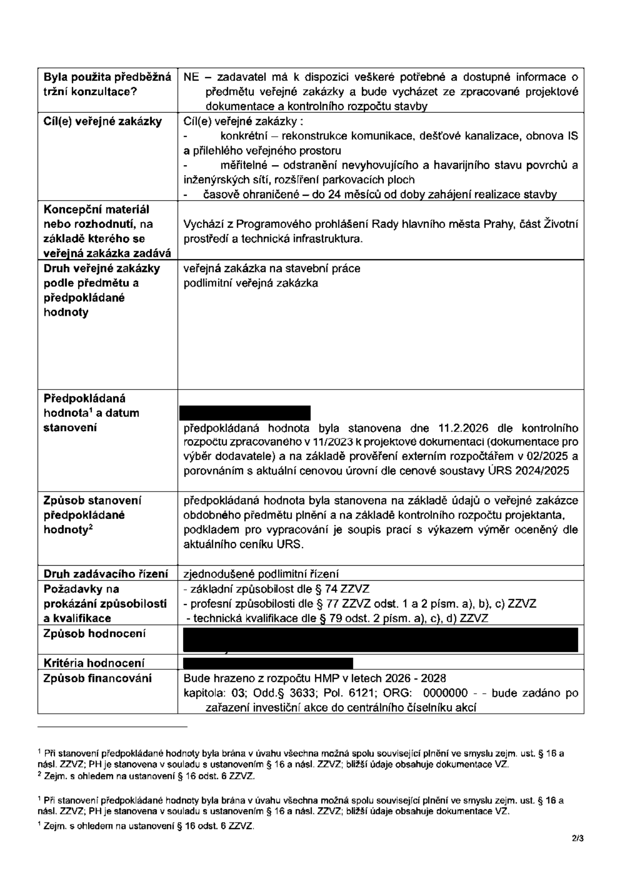Tabulka s informacemi o veřejné zakázce: 
- Byla použita předběžná tržní konzultace?: NE – zadavatel má k dispozici veškeré potřebné a dostupné informace o předmětu veřejné zakázky a bude vycházet ze zpracované projektové dokumentace a kontrolního rozpočtu stavby.
- Cíl(e) veřejné zakázky: rekonstrukce komunikace, dešťové kanalizace, obnova IS a přilehlého veřejného prostoru; odstranění nevyhovujícího a havarijního stavu povrchů a inženýrských sítí, rozšíření parkovacích ploch; časově ohraničené – do 24 měsíců od doby zahájení realizace stavby.
- Koncepční materiál nebo rozhodnutí, na základě kterého se veřejná zakázka zadává: Vychází z Programového prohlášení Rady hlavního města Prahy, část Životní prostředí a technická infrastruktura.
- Druh veřejné zakázky podle předmětu a předpokládané hodnoty: veřejná zakázka na stavební práce, podlimitní veřejná zakázka.
- Předpokládaná hodnota a datum stanovení: předpokládaná hodnota byla stanovena dne 11.2.2026 dle kontrolního rozpočtu zpracovaného v 11/2023 k projektové dokumentaci (dokumentace pro výběr dodavatele) a na základě prověření externím rozpočtářem v 02/2025 a porovnáním s aktuální cenovou úrovní dle cenové soustavy ÚRS 2024/2025.
- Způsob stanovení předpokládané hodnoty: předpokládaná hodnota byla stanovena na základě údajů o veřejné zakázce obdobného předmětu plnění a na základě kontrolního rozpočtu projektanta, podkladem pro vypracování je soupis prací s výkazem výměr oceněný dle aktuálního ceníku ÚRS.
- Druh zadávacího řízení: zjednodušené podlimitní řízení.
- Požadavky na prokázání způsobilosti a kvalifikace: základní způsobilost dle § 74 ZZVZ; profesní způsobilosti dle § 77 ZZVZ odst. 1 a 2 písm. a), b), c) ZZVZ; technická kvalifikace dle § 79 odst. 2 písm. a), c), d) ZZVZ.
- Způsob financování: Bude hrazeno z rozpočtu HMP v letech 2026 - 2028, kapitola: 03; Odd.§ 3633; Pol. 6121; ORG: 0000000 - bude zadáno po zařazení investiční akce do centrálního číselníku akcí.