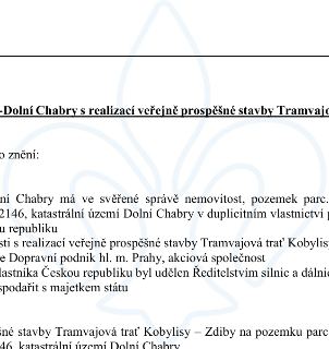 Úřední dokument týkající se realizace veřejně prospěšné stavby 'Tramvajová trať Kobylisy – Zdiby'. Text obsahuje následující informace: Městská část Dolní Chab…