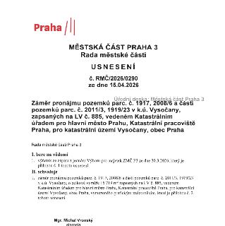 Usnesení Rady městské části Praha 3 č. RMČ/2026/0290 ze dne 15.04.2026. Předmětem je záměr pronájmu pozemků parc. č. 1917, 2008/6 a částí pozemků parc. č. 2011…