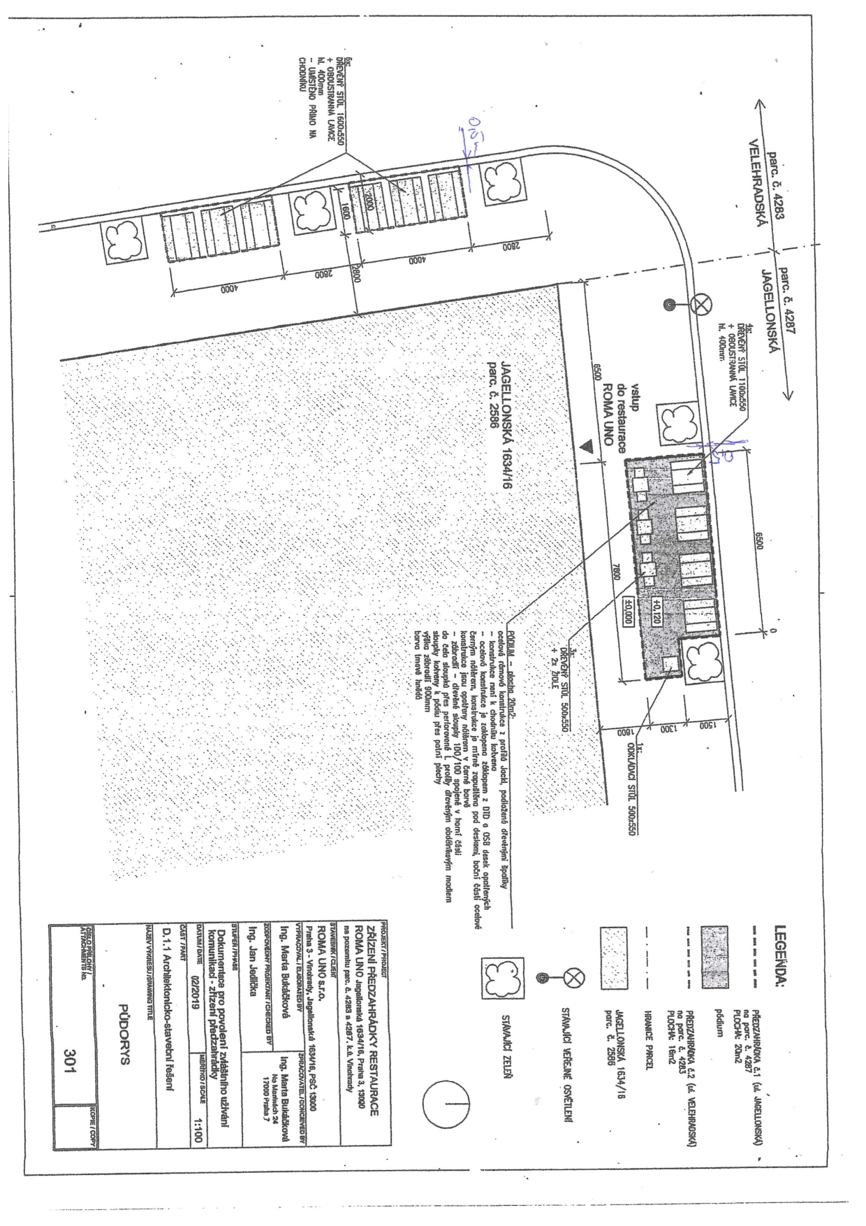 Koordinační situační výkres předzahrádky restaurace ROMA UNO na pozemcích parc. č. 4283 a 4287.