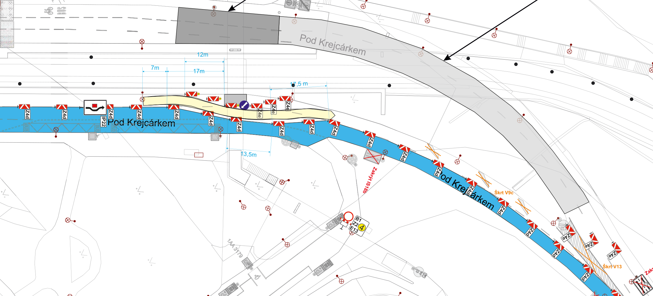 Situační plán dopravního značení v ulici Pod Krejcárkem. Mapa zobrazuje trasu komunikace s vyznačeným dočasným dopravním značením (značky typu Z4d, Z4e, IP22, B1, E13). Jsou zde uvedeny kótované vzdálenosti (7m, 12m, 17m, 17,5m, 13,5m) a textové poznámky 'Zakryt IS18b', 'Škrt V9c' a 'Škrt V13'.