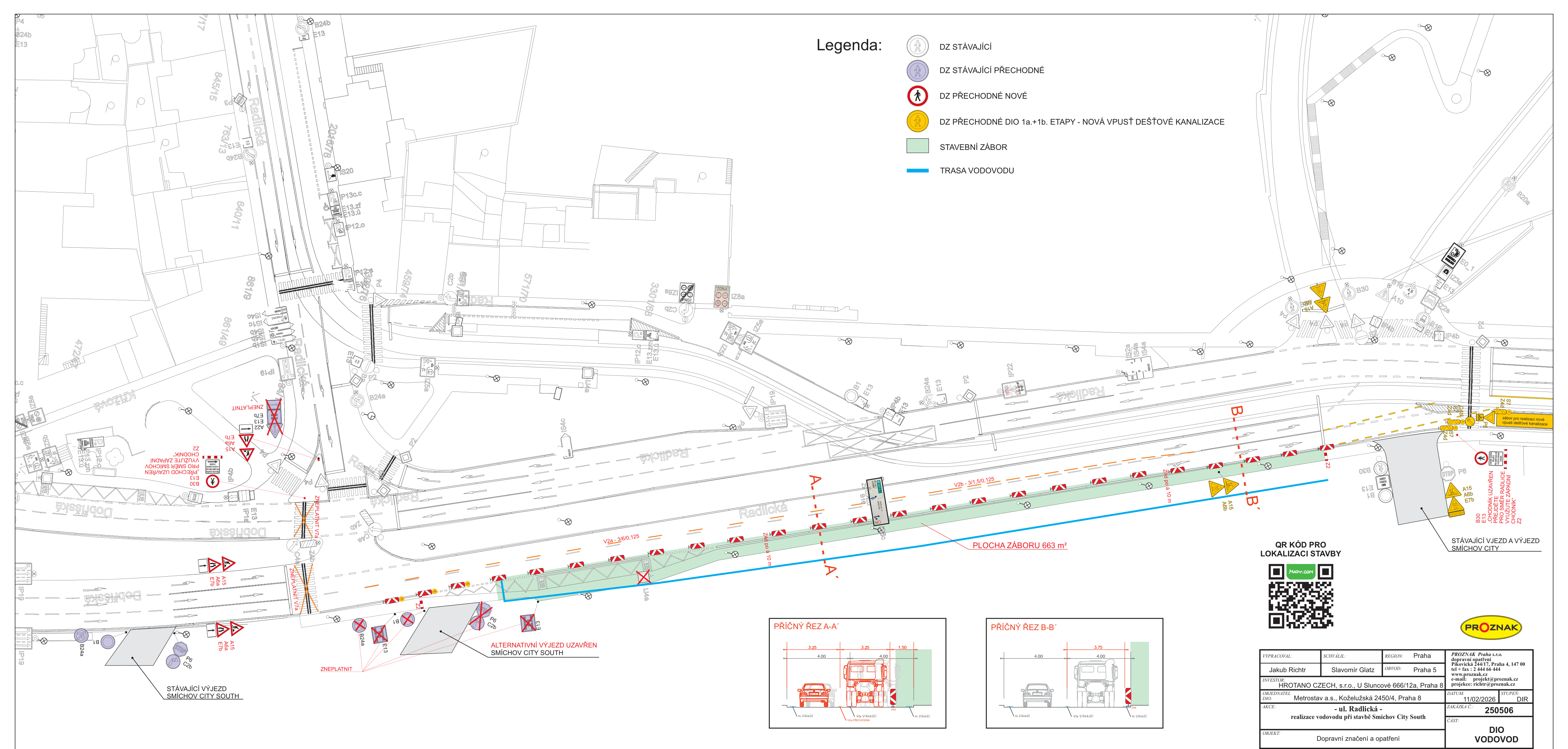 Plán dopravního značení a opatření (DIO) pro stavbu vodovodu v ulici Radlická.