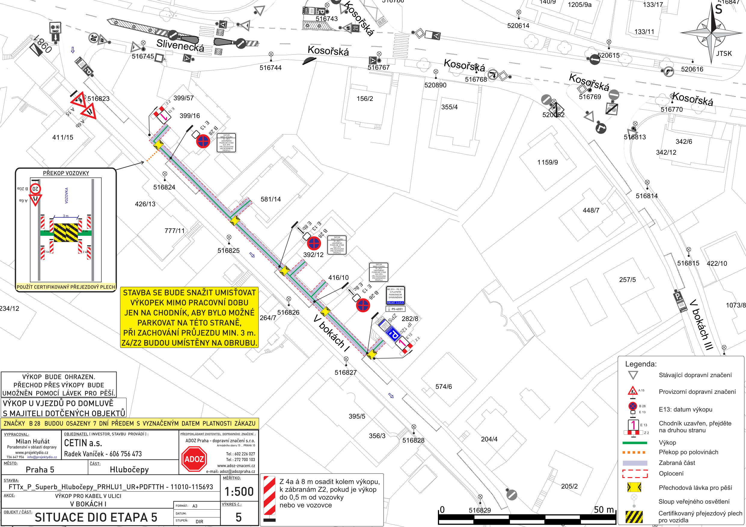 Situační nákres dopravního značení a plánu výkopových prací pro pokládku kabelů v ulici V Bokách I.