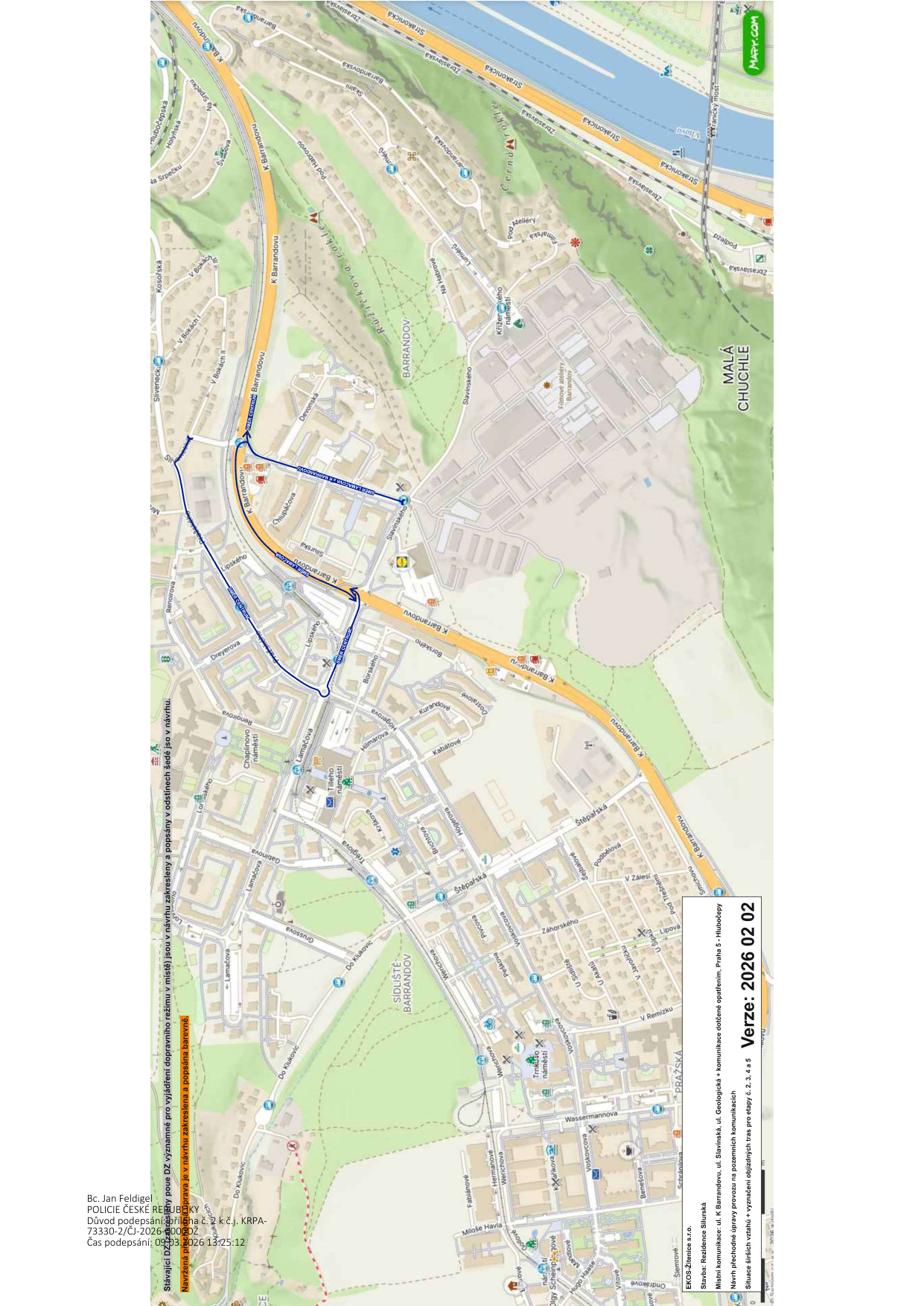 Situační nákres dopravního značení a tras v lokalitě Praha-Barrandov.