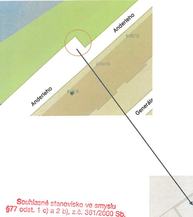 Výřez katastrální mapy s vyznačeným místem v ulici Anderleho a odkazem na právní předpis.
