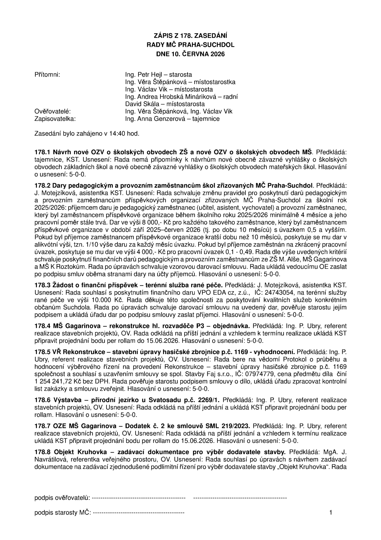 Zápis ze 178. zasedání Rady MČ Praha-Suchdol ze dne 10. června 2026. Přítomni: Ing. Petr Hejl, Ing. Věra Štěpánková, Ing. Václav Vik, Ing. Andrea Hrobská Mináriková, David Skála. Ověřovatelé: Ing. Věra Štěpánková, Ing. Václav Vik. Zapisovatelka: Ing. Anna Genzerová. Obsah usnesení: 178.1 Návrh OZV o školských obvodech ZŠ a MŠ (schváleno). 178.2 Dary pedagogickým a provozním zaměstnancům škol (8 000 Kč/osoba, schváleno). 178.3 Finanční příspěvek pro VPO EDA cz, z.ú. (10 000 Kč, schváleno). 178.4 MŠ Gagarinova – rekonstrukce hl. rozvaděče P3 (odloženo). 178.5 VŘ Rekonstrukce hasičské zbrojnice p.č. 1169 (vítěz Stavby Faj s.r.o., cena 1 254 241,72 Kč bez DPH, schváleno). 178.6 Výstavba přírodního jezírka u Svatosadu (odloženo). 178.7 OZE MŠ Gagarinova – dodatek č. 2 ke smlouvě (odloženo). 178.8 Objekt Kruhovka – zadávací dokumentace (schváleno).