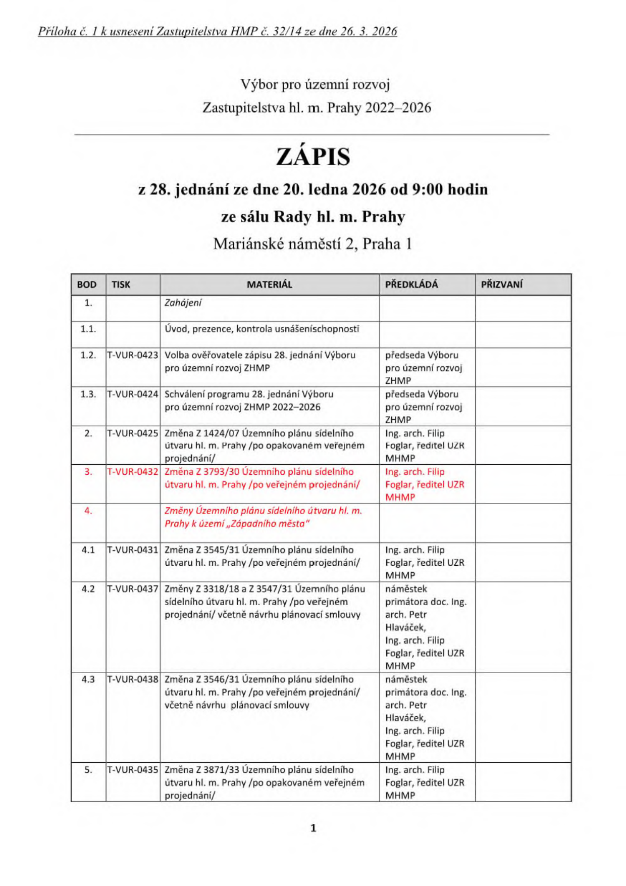 Zápis z 28. jednání Výboru pro územní rozvoj Zastupitelstva hl. m. Prahy 2022–2026, konaného dne 20. ledna 2026 od 9:00 hodin v sále Rady hl. m. Prahy, Mariánské náměstí 2, Praha 1. Program jednání: 1. Zahájení, 1.1. Úvod, prezence, kontrola usnášeníschopnosti, 1.2. T-VUR-0423 Volba ověřovatele zápisu, 1.3. T-VUR-0424 Schválení programu, 2. T-VUR-0425 Změna Z 1424/07 Územního plánu, 3. T-VUR-0432 Změna Z 3793/30 Územního plánu, 4. Změny Územního plánu k území „Západního města“, 4.1. T-VUR-0431 Změna Z 3545/31, 4.2. T-VUR-0437 Změna Z 3318/18 a Z 3547/31, 4.3. T-VUR-0438 Změna Z 3546/31, 5. T-VUR-0435 Změna Z 3871/33. Předkládající: předseda Výboru, Ing. arch. Filip Foglar (ředitel UZR MHMP), náměstek primátora doc. Ing. arch. Petr Hlaváček.