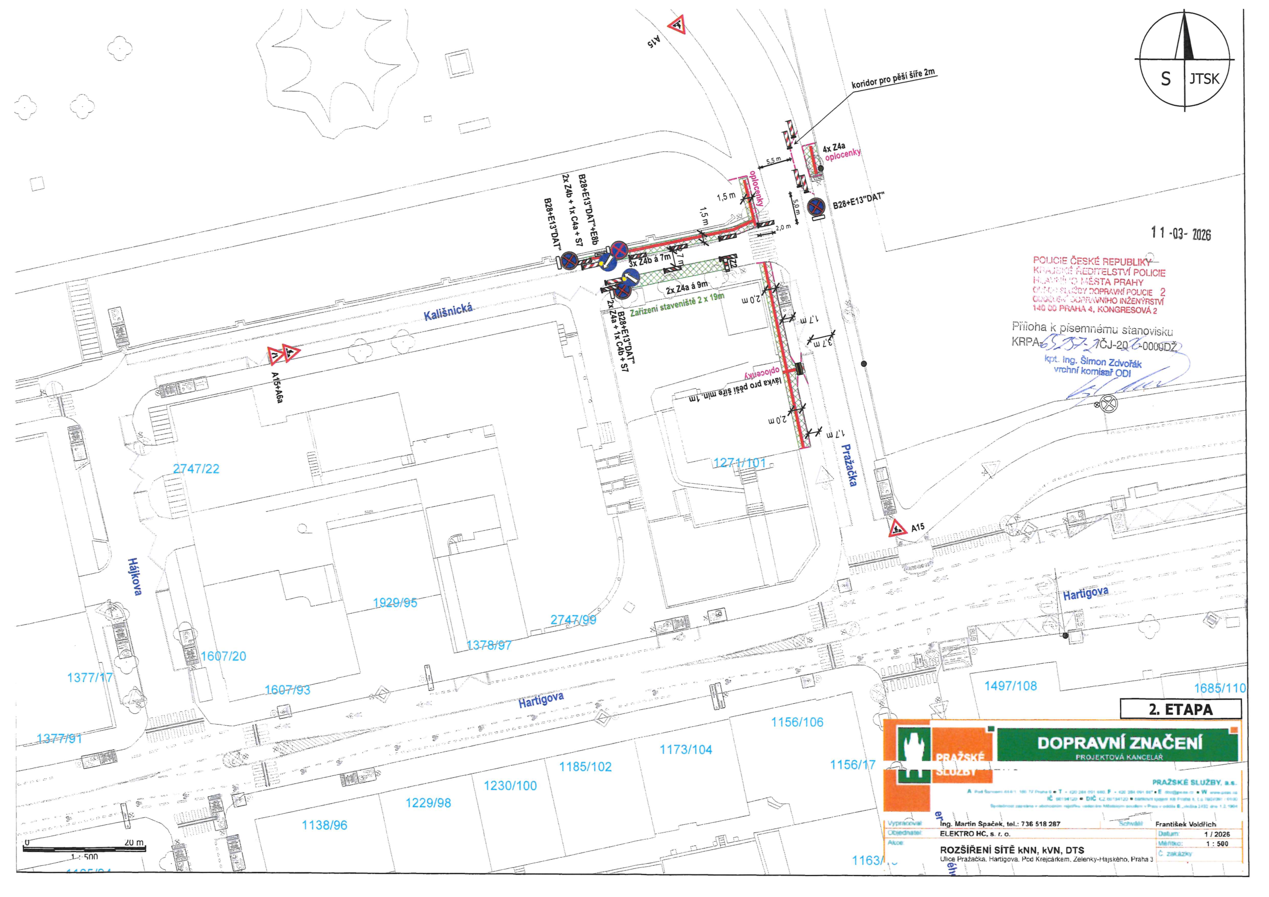 Koordinační výkres dopravního značení pro druhou etapu prací na ulici Pražačka a Hartigova.