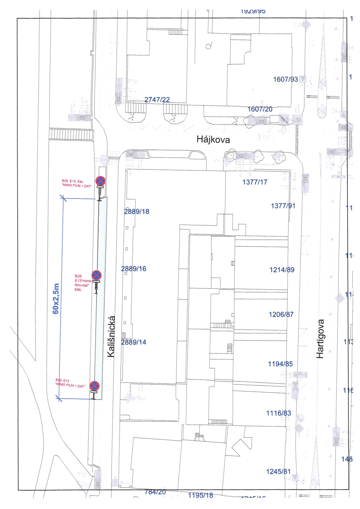 Koordinační situační výkres dopravního značení na ulici Kališnická.