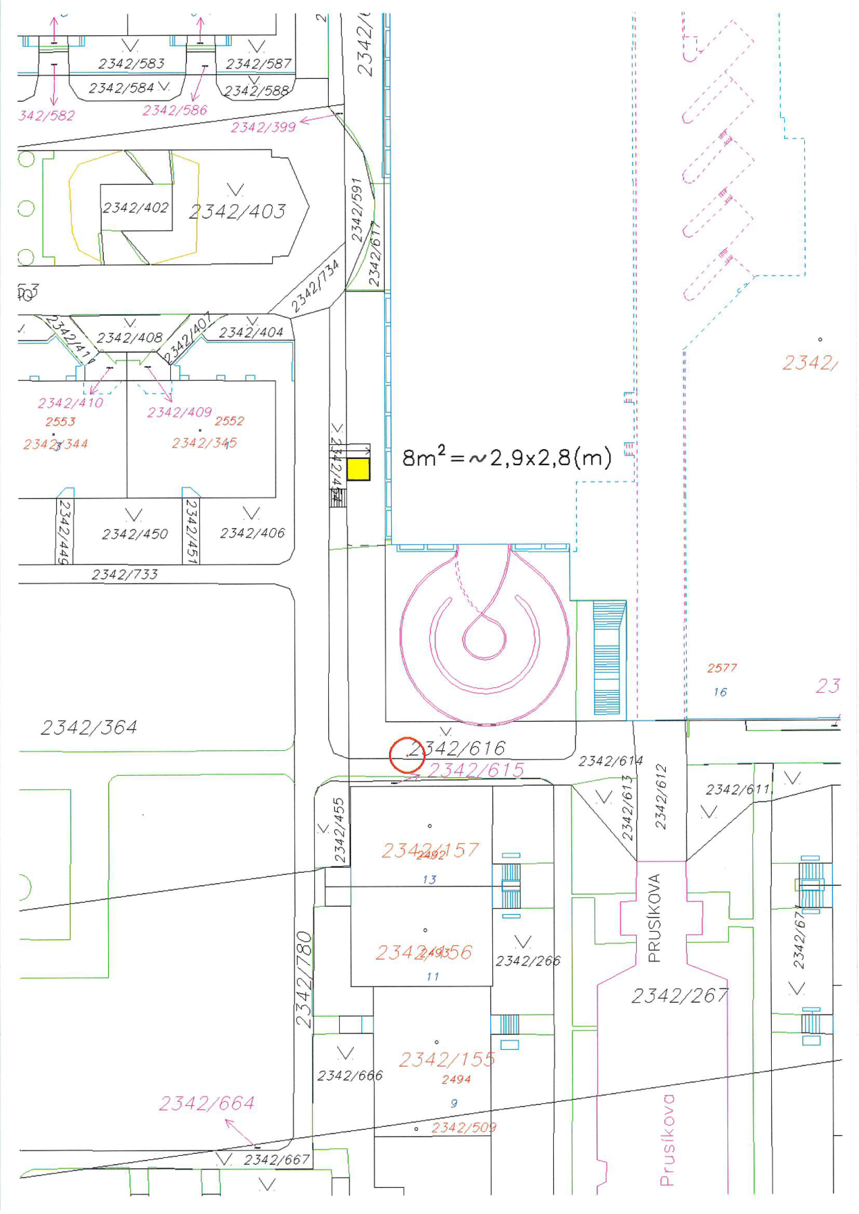 Katastrální a situační mapa s vyznačením parcely a plochy pro umístění objektu.