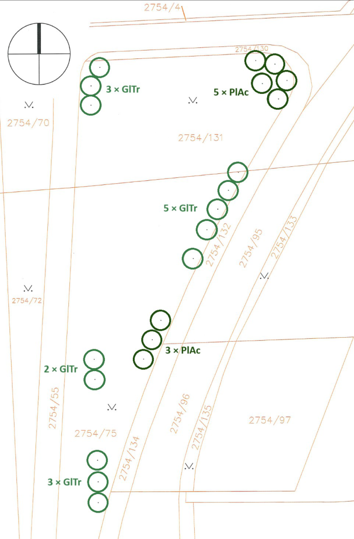 Výsadbový plán s vyznačením parcel a konkrétních dřevin (GlTr a PlAc).