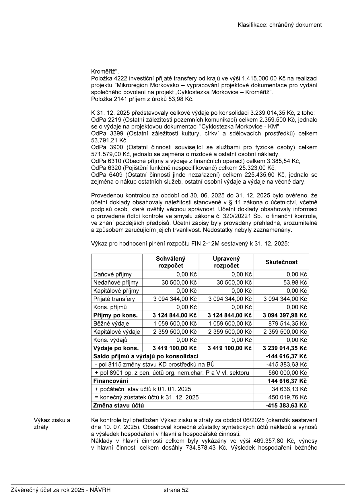 Strana 52 dokumentu 'Závěrečný účet za rok 2025 - NÁVRH'. Obsahuje textovou zprávu o hospodaření a tabulku 'Výkaz pro hodnocení rozpočtu FIN 2-12M sestavený k 31. 12. 2025'. Text zmiňuje investiční transfery (1 415 000 Kč), příjmy z úroků (53,98 Kč) a rozpis výdajů dle paragrafů (OdPa 2219, 3399, 3900, 6310, 6320, 6409). Tabulka obsahuje sloupce: Schválený rozpočet, Upravený rozpočet a Skutečnost. Klíčové hodnoty: Příjmy po konsolidaci (skutečnost 3 094 397,98 Kč), Výdaje po konsolidaci (skutečnost 3 239 014,35 Kč), Saldo (-144 616,37 Kč), Konečný zůstatek účtů k 31. 12. 2025 (450 019,76 Kč). Dále je uveden 'Výkaz zisku a ztráty' za období 06/2025, kde náklady činily 469 357,80 Kč a výnosy 734 878,43 Kč.
