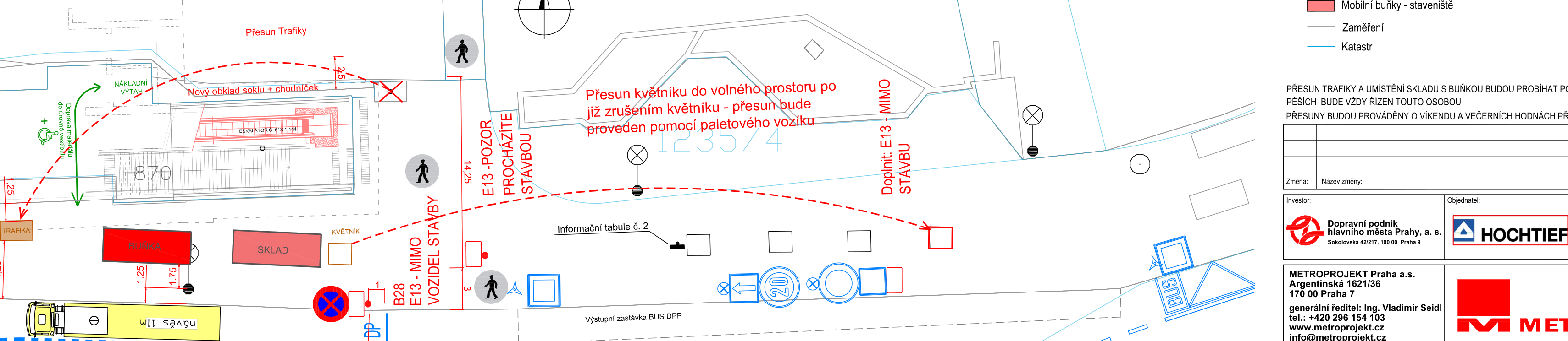 Situační plán stavby a přesunu objektů. Obsahuje: 'Přesun Trafiky', 'Nový obklad soklu + chodníček', 'Přesun květníku do volného prostoru po již zrušeném květníku - přesun bude proveden pomocí paletového vozíku', 'E13-POZOR PROCHÁZÍTE STAVBOU', 'B28 E13 - MIMO VOZIDEL STAVBY', 'Doplnit: E13 - MIMO STAVBU', 'Informační tabule č. 2', 'Výstupní zastávka BUS DPP'. Legenda: 'Mobilní buňky - staveniště', 'Zaměření', 'Katastr'. Text v tabulce: 'PŘESUN TRAFIKY A UMÍSTĚNÍ SKLADU S BUŇKOU BUDOU PROBÍHAT PO PĚŠÍCH BUDE VŽDY ŘÍZEN TOUTO OSOBOU PŘESUNY BUDOU PROVÁDĚNY O VÍKENDU A VEČERNÍCH HODNÁCH PŘI'. Investoři: 'Dopravní podnik hlavního města Prahy, a. s.', 'HOCHTIEF'. Projektant: 'METROPROJEKT Praha a.s., Argentinská 1621/36, 170 00 Praha 7, tel.: +420 296 154 103, www.metroprojekt.cz, info@metroprojekt.cz'.