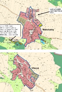Výřez územního plánu obsahující dvě mapové části. Horní část zobrazuje lokalitu 'Makolusky' s vyznačenými změnami: 1) 'změna č.1.XVII) - vynechání části pl. Z3…