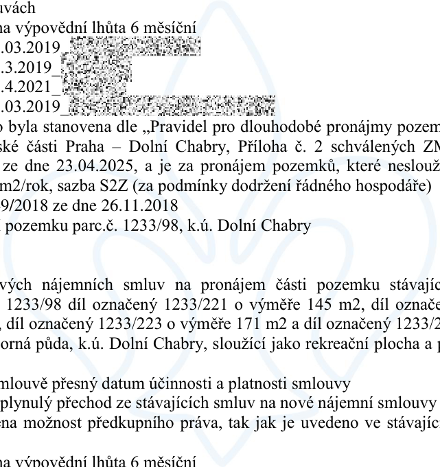Výňatek z dokumentu týkajícího se pronájmu pozemků v k.ú. Dolní Chabry. Obsahuje informace o výpovědní lhůtě 6 měsíců, odkaz na 'Pravidla pro dlouhodobé pronájmy pozemků' městské části Praha – Dolní Chabry (Příloha č. 2 schválená ZMČ dne 23.04.2025). Zmiňuje pronájem pozemků nesloužících k podnikání, sazbu S2Z, usnesení č. 9/2018 ze dne 26.11.2018 a pozemek parc. č. 1233/98. Dále specifikuje části pozemku 1233/98: díl 1233/221 (145 m2), díl 1233/223 (171 m2) a další díly, které slouží jako rekreační plocha. Dokument řeší přechod ze stávajících smluv na nové, datum účinnosti a platnosti smluv a možnost předkupního práva.