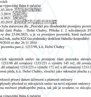 Výňatek z dokumentu týkajícího se pronájmu pozemků v k.ú. Dolní Chabry. Obsahuje informace o výpovědní lhůtě 6 měsíců, odkaz na 'Pravidla pro dlouhodobé pronáj…