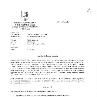 Opatření obecné povahy vydané Městskou částí Praha 17, Úřadem městské části, Odborem životního prostředí a dopravy. Číslo jednací: ÚMČP17 056854/2025/ŽPD/Bi, s…