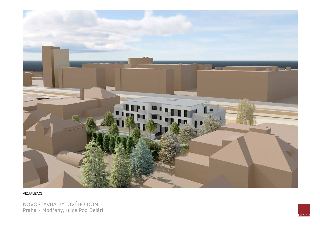 Vizualizace projektu novostavby bytového domu v Praze - Modřanech, ulice Pod Belárií. V pravém dolním rohu je logo společnosti atrea.