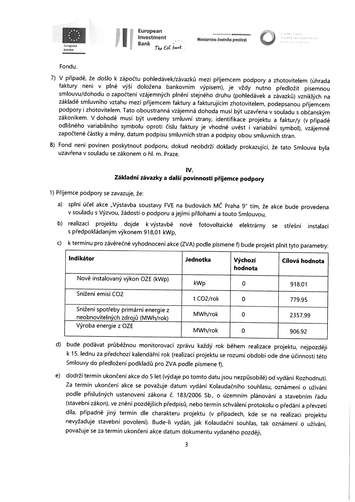 Strana 3 dokumentu obsahující smluvní podmínky a závazky příjemce podpory:

Bod 7: Podmínky pro zápočet pohledávek/závazků mezi příjemcem a zhotovitelem (nutnost písemné dohody v souladu s občanským zákoníkem).
Bod 8: Fond není povinen poskytnout podporu, dokud neobdrží doklady o souladu Smlouvy se zákonem o hl. m. Praze.

Část IV. Základní závazky a další povinnosti příjemce podpory:
1) Příjemce se zavazuje:
a) Splnit účel akce 'Výstavba soustavy FVE na budovách MČ Praha 9'.
b) Realizovat projekt fotovoltaické elektrárny se střešní instalací o výkonu 918,01 kWp.
c) Tabulka parametrů pro závěrečné vyhodnocení akce (ZVA):
- Nově instalovaný výkon OZE (kWp): výchozí 0, cílová 918,01
- Snížení emisí CO2 (t CO2/rok): výchozí 0, cílová 779,95
- Snížení spotřeby primární energie z neobnovitelných zdrojů (MWh/rok): výchozí 0, cílová 2357,99
- Výroba energie z OZE (MWh/rok): výchozí 0, cílová 906,92
d) Podávat průběžnou monitorovací zprávu každý rok do 15. ledna.
e) Dodržet termín ukončení akce do 5 let od vydání Rozhodnutí (definice termínu ukončení akce jako datum vydání kolaudačního souhlasu, oznámení o užívání nebo předávacího protokolu).