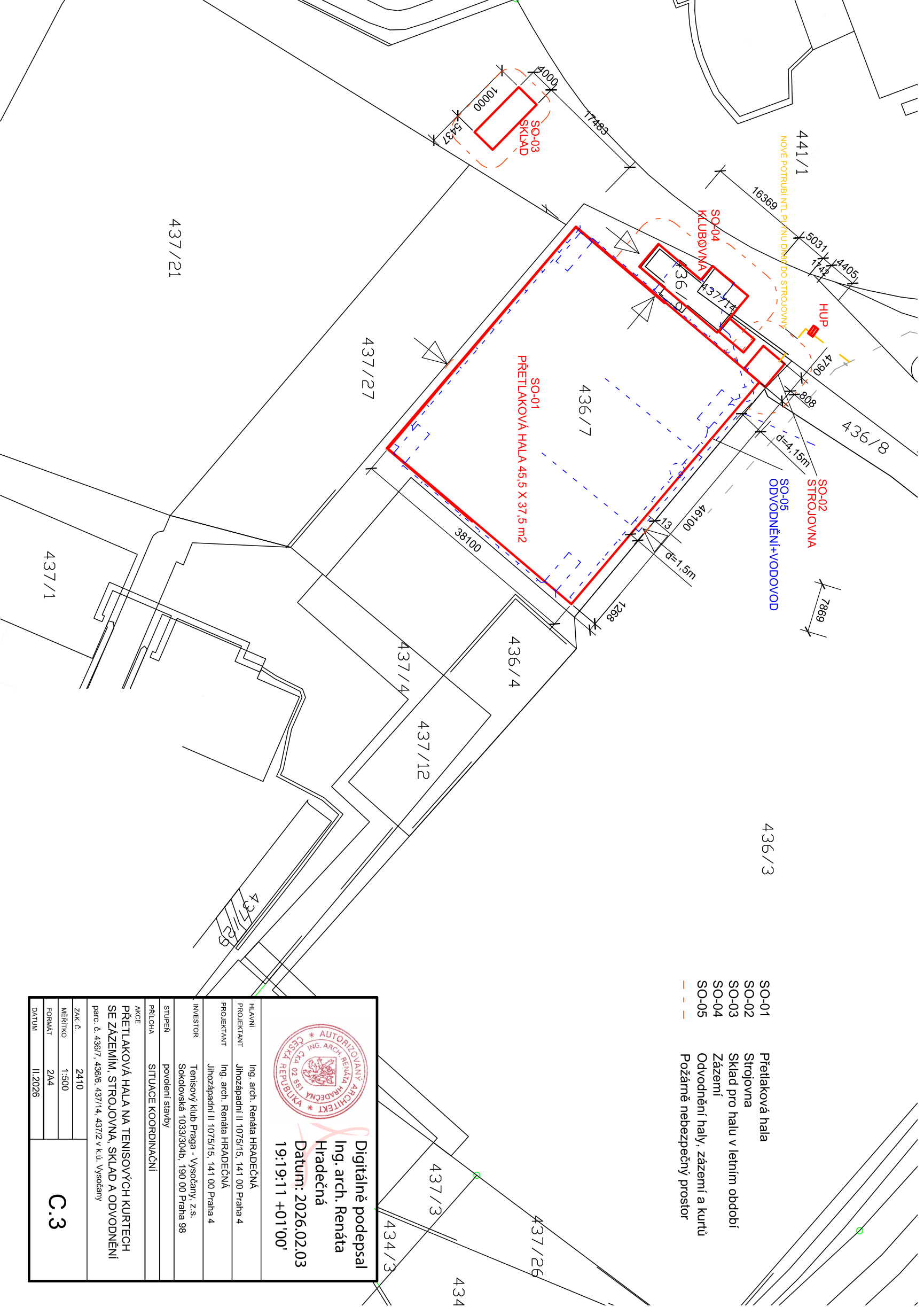 Koordinační situační výkres stavby přetlakové haly se zázemím na pozemcích v k.ú. Vysočany.
