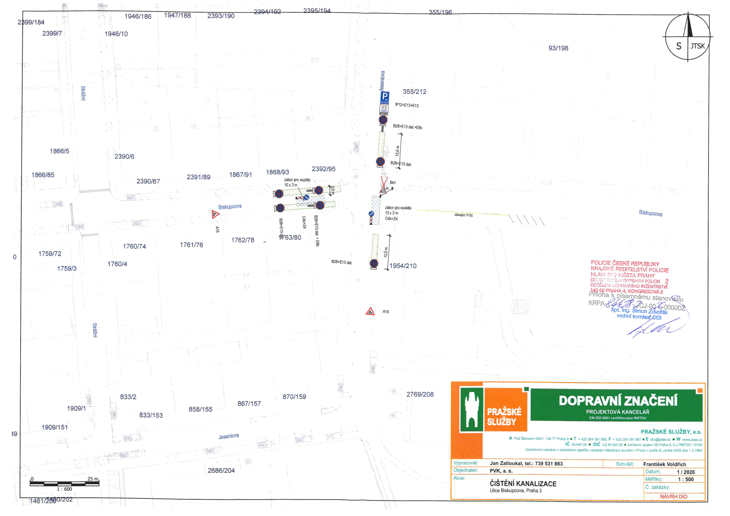 Situační nákres dopravního značení pro uzavírku a čištění kanalizace v ulici Biskupcova a Jeseniova.