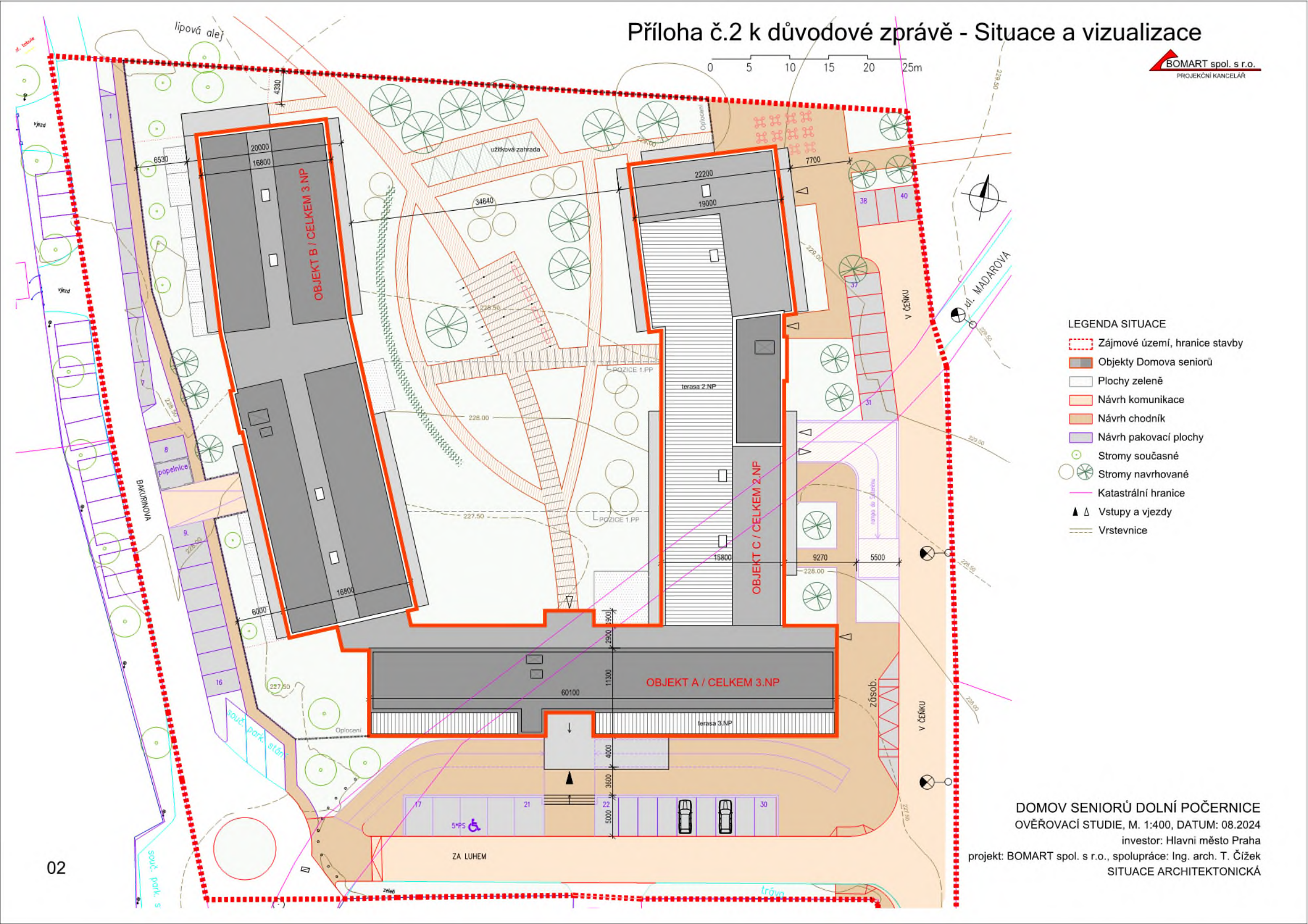 Situační nákres projektu 'Domov seniorů Dolní Počernice', ověřovací studie, datum 08.2024. Investor: Hlavní město Praha, projekt: BOMART spol. s r.o., spolupráce: Ing. arch. T. Čížek. Dokument obsahuje vizualizaci tří objektů (A, B, C) s celkem 3 nadzemními podlažími (3.NP). Legenda situace zahrnuje: zájmové území, hranice stavby, objekty domova seniorů, plochy zeleně, návrh komunikace, návrh chodník, návrh parkovací plochy, stromy současné a navrhované, katastrální hranice, vstupy a vjezdy, vrstevnice. V plánu jsou vyznačeny ulice Bakurova, Za Luhem a v Čelku.