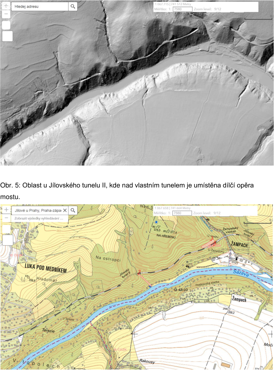 Obrázek obsahuje dvě mapové podklady oblasti u Jílovského tunelu II. Horní část je stínovaný reliéf terénu. Dolní část je topografická mapa s popiskem: 'Obr. 5: Oblast u Jílovského tunelu II, kde nad vlastním tunelem je umístěna dílčí opěra mostu.' V mapě jsou vyznačeny lokality: Jílové u Prahy, Praha-západ, Luka pod Medníkem, Hladoměř, Na ostropci, Jílovský tunel II, řeka Sázava, Posázavská stezka, 12-44-03, Terezie, Rakousy, Nad Sázavou, Studenecký p., Žampašský viadukt, Jílovský tunel I, Žampach, Močí. Jsou zde uvedeny nadmořské výšky (např. 336,8; 376,0; 377,4; 288,2) a souřadnice v rozhraní mapy (1 067 715 | 741 512 Metry; 1 067 658 | 741 664 Metry).