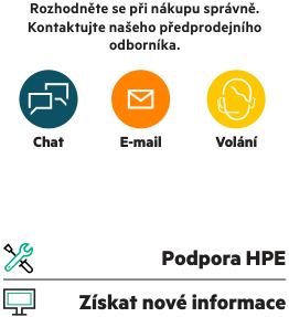Informační panel pro kontaktování předprodejního odborníka HPE: 'Rozhodněte se při nákupu správně. Kontaktujte našeho předprodejního odborníka.' Možnosti konta…