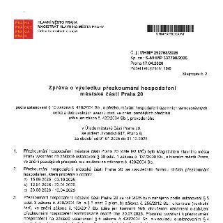 Zpráva o výsledku přezkoumání hospodaření městské části Praha 20 za období od 01.01.2025 do 31.12.2025. Dokument vydal Magistrát hlavního města Prahy, Odbor ko…