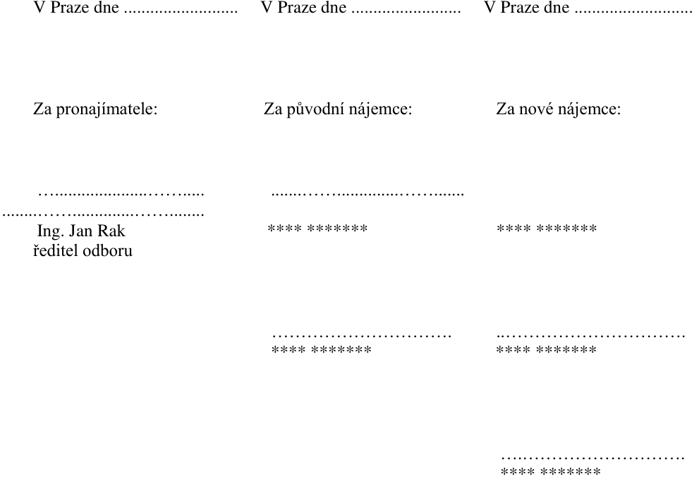 Závěrečná část dokumentu s podpisy tří stran: pronajímatele, původního nájemce a nového nájemce. Obsahuje text: 'V Praze dne ....................', 'Za pronajímatele:', 'Ing. Jan Rak, ředitel odboru', 'Za původního nájemce:', '**** *******', 'Za nové nájemce:', '**** *******'.