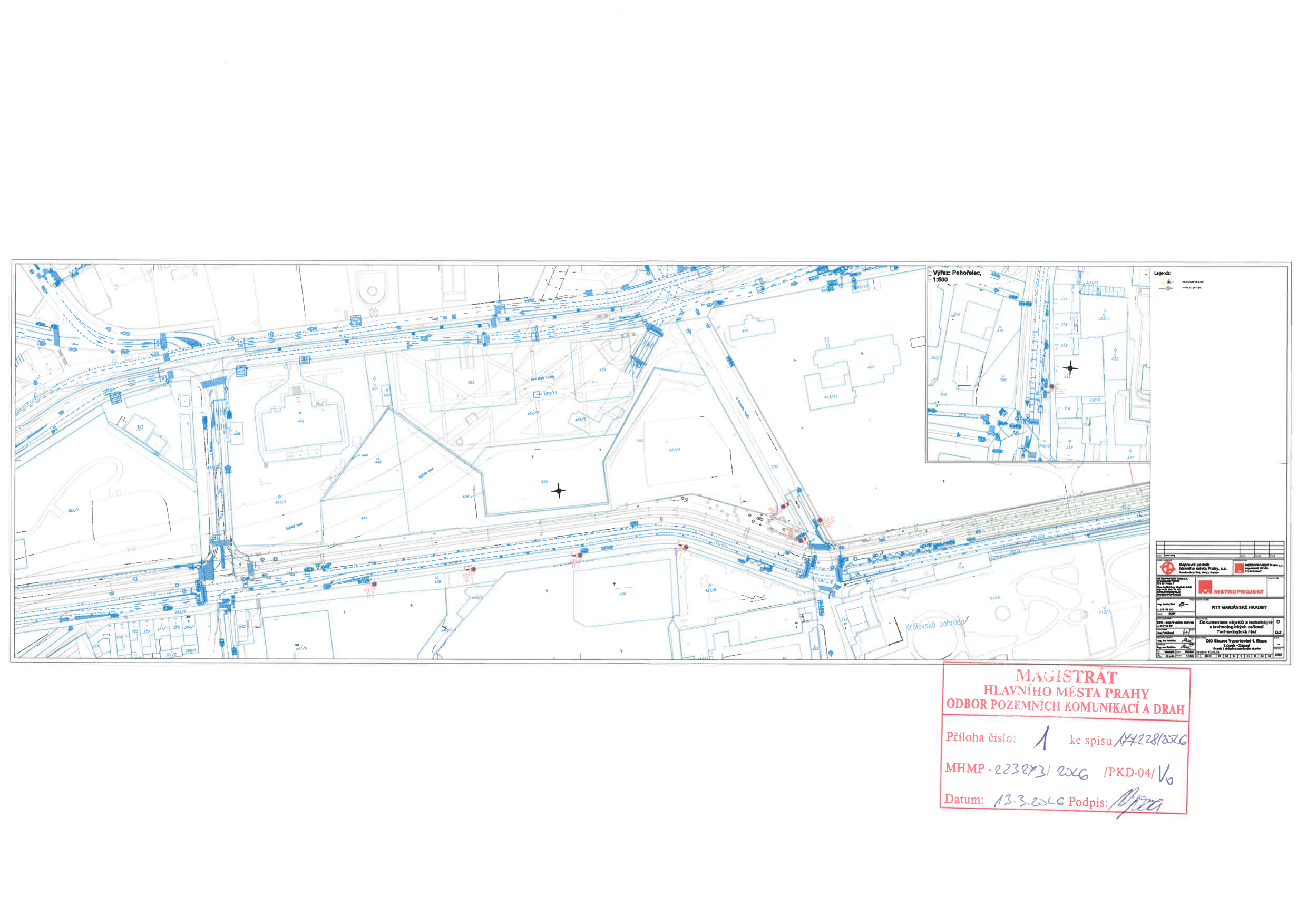 Situace stavby v měřítku 1:500 zobrazující technickou infrastrukturu v okolí ulice Pohořelec v Praze.