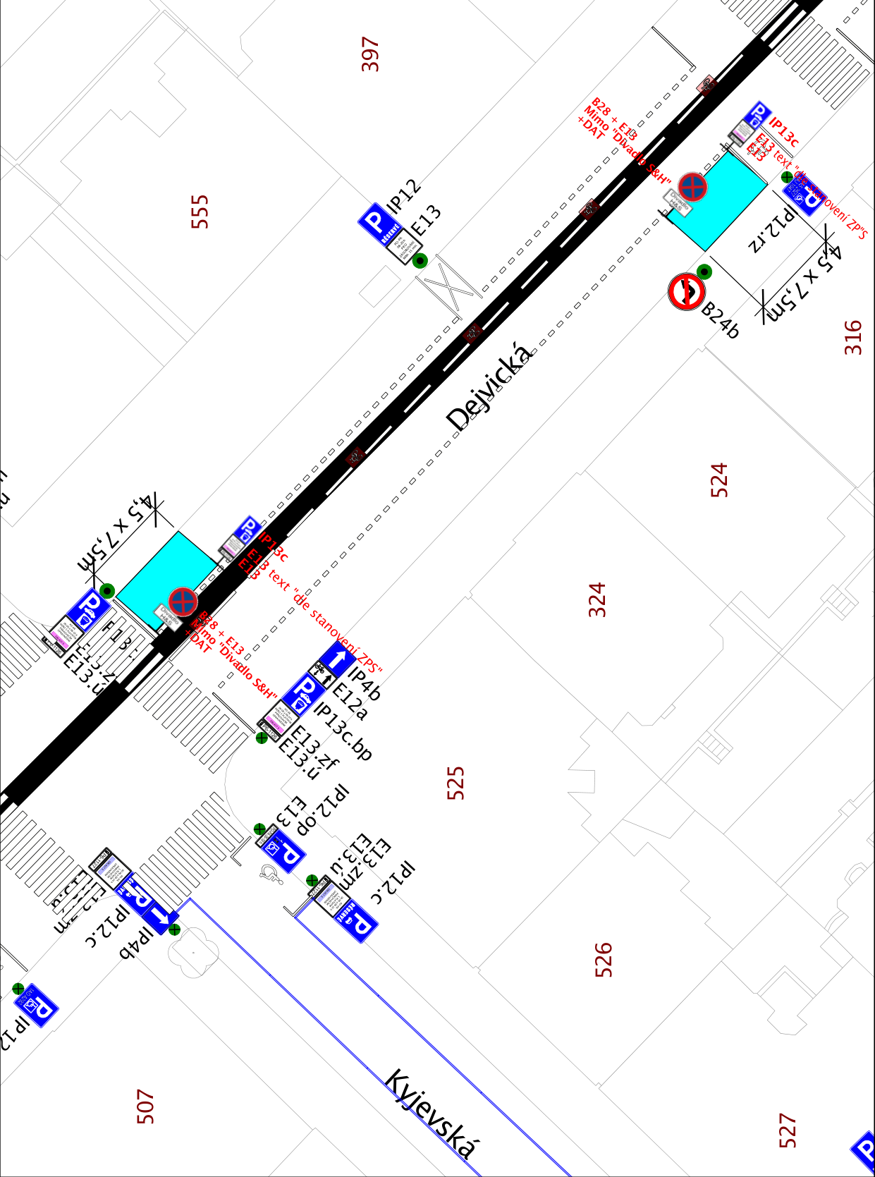 Situační nákres dopravního značení v ulicích Dejvická a Kyjevská. Zobrazeny jsou parkovací zóny a dopravní značky: IP12, IP13c, IP4b, E12a, E13, E13.u, E13.zm, E13.op, E13.zf, E13.bp, B28, B24b. Textové poznámky u značek: 'Mimo Divadlo S&H', 'DAT', 'dle stanovení ZPS'. Vyznačena čísla parcel (např. 397, 555, 316, 524, 324, 525, 526, 527, 507) a rozměry parkovacích stání (4,5 x 7,5 m).