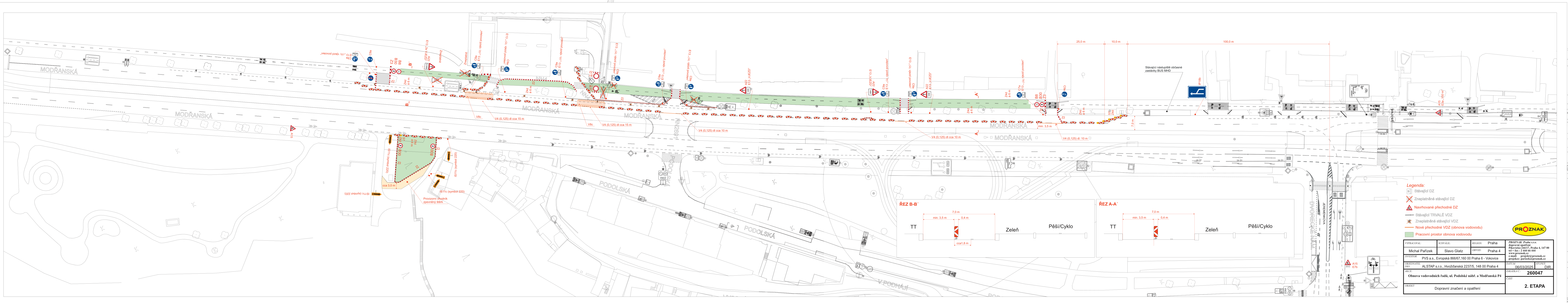 Koordinační situace dopravního značení a plánu stavby na ulici Modřanská.