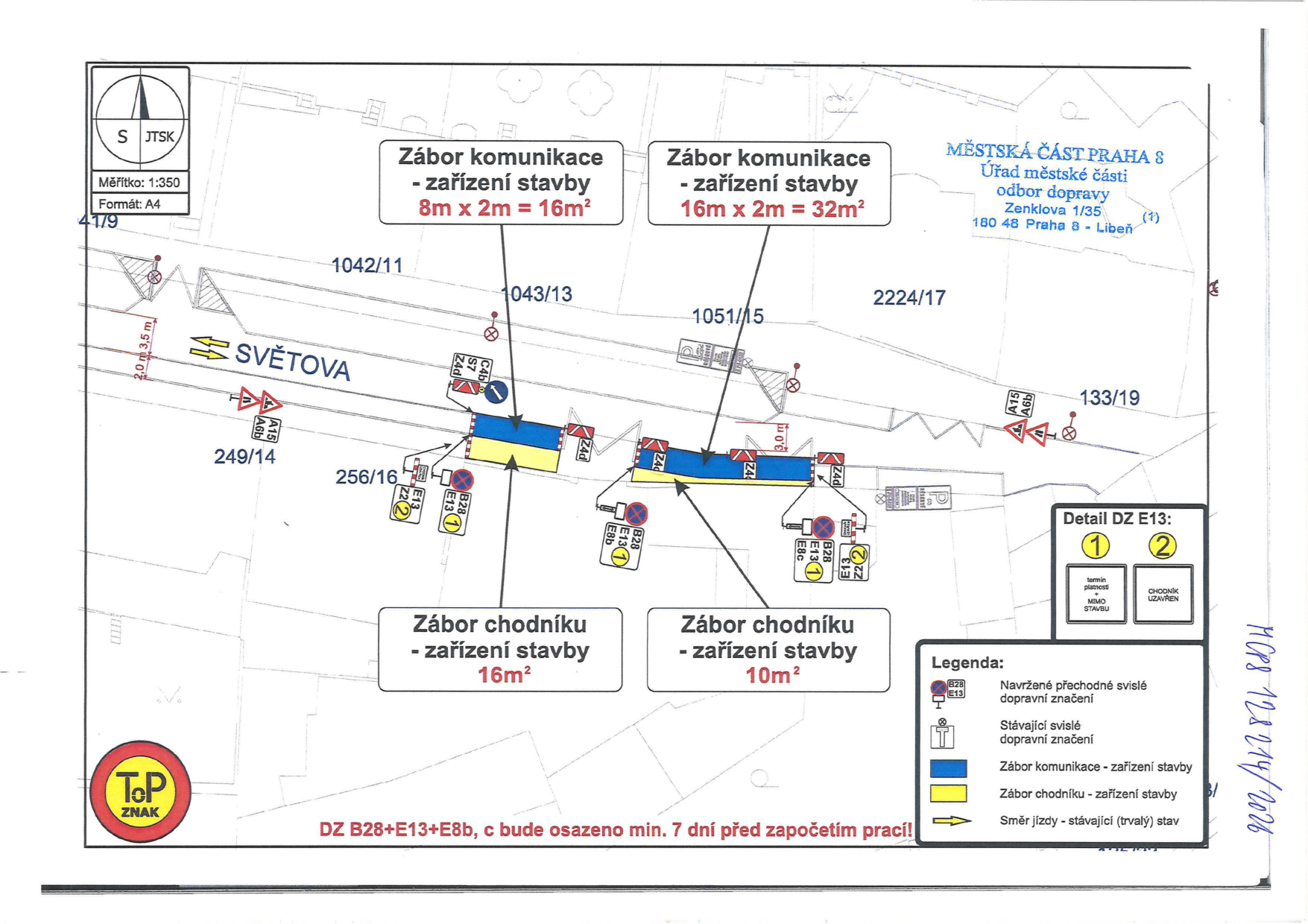 Situační nákres dopravního značení a záborů veřejného prostranství v ulici Světova.