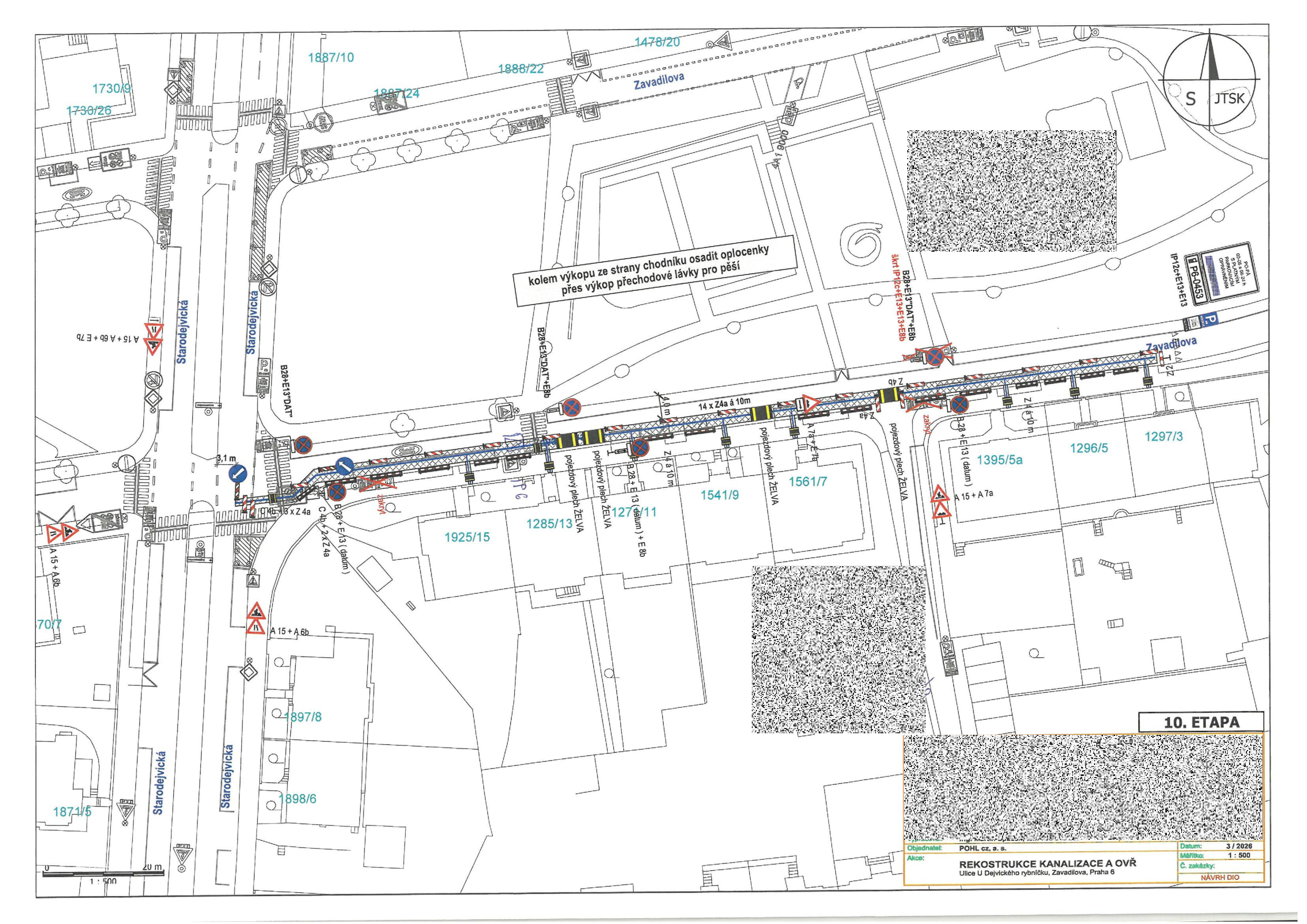 Plán dopravního značení a situační nákres pro 10. etapu rekonstrukce kanalizace v ulici U Dejvického rybníčku a Zavadilova.