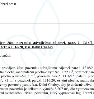 Výňatek z usnesení o pronájmu části pozemků stávajícímu nájemci v k.ú. Dolní Chabry. Předmětem pronájmu jsou pozemky: parc. č. 1316/2 (ostatní plocha, manipula…
