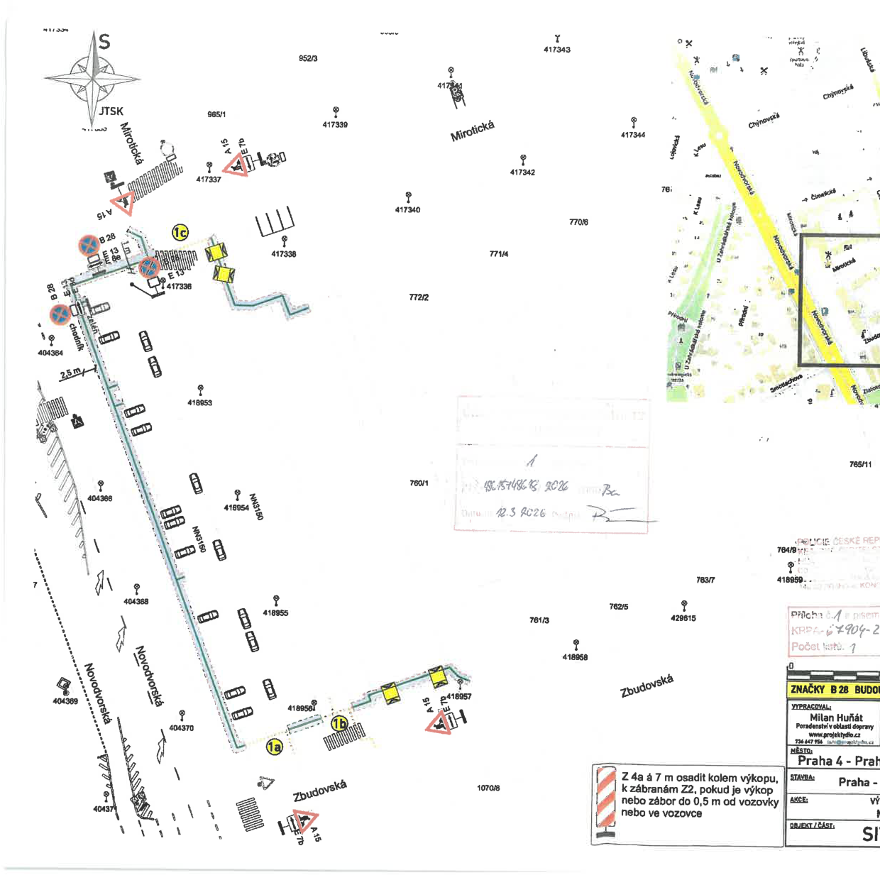 Dopravně-inženýrské řešení (situační nákres) pro umístění přechodného dopravního značení v ulicích Mirotická, Novodvorská a Zbudovská.