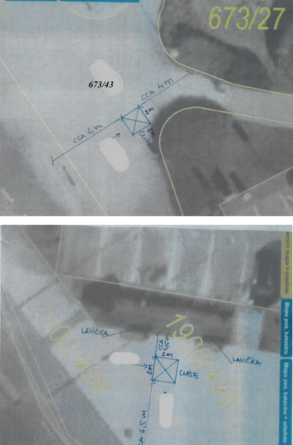 Situační nákresy umístění objektů (označených jako CUBE) v katastrálních mapách s vyznačenými vzdálenostmi.