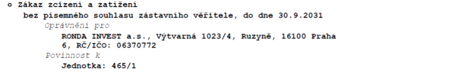 Zákaz zcizení a zatížení nemovitosti bez písemného souhlasu zástavního věřitele, platný do 30. 9. 2031. Oprávněná osoba: RONDA INVEST a.s., Výtvarná 1023/4, Ruzyně, 16100 Praha 6, IČO: 06370772. Povinnost se vztahuje k jednotce č. 465/1.
