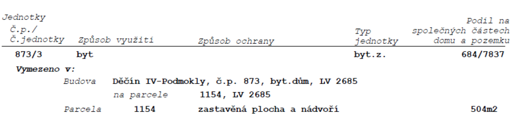 Výpis z katastru nemovitostí týkající se jednotky: Č.p./č. jednotky: 873/3, způsob využití: byt, typ jednotky: byt.z., podíl na společných částech domu a pozemku: 684/7837. Vymezeno v: Budova Děčín IV-Podmokly, č.p. 873, byt.dům, LV 2685, na parcele 1154, LV 2685. Parcela 1154, zastavěná plocha a nádvoří, 504 m2.