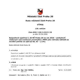 Výpis ze 135. schůze Rady městské části Praha 20 (číslo RMC/135/4/0327/26 ze dne 25.06.2026). Předmětem je rozpočtové opatření č. 25 MČ Praha 20 pro rok 2026 t…
