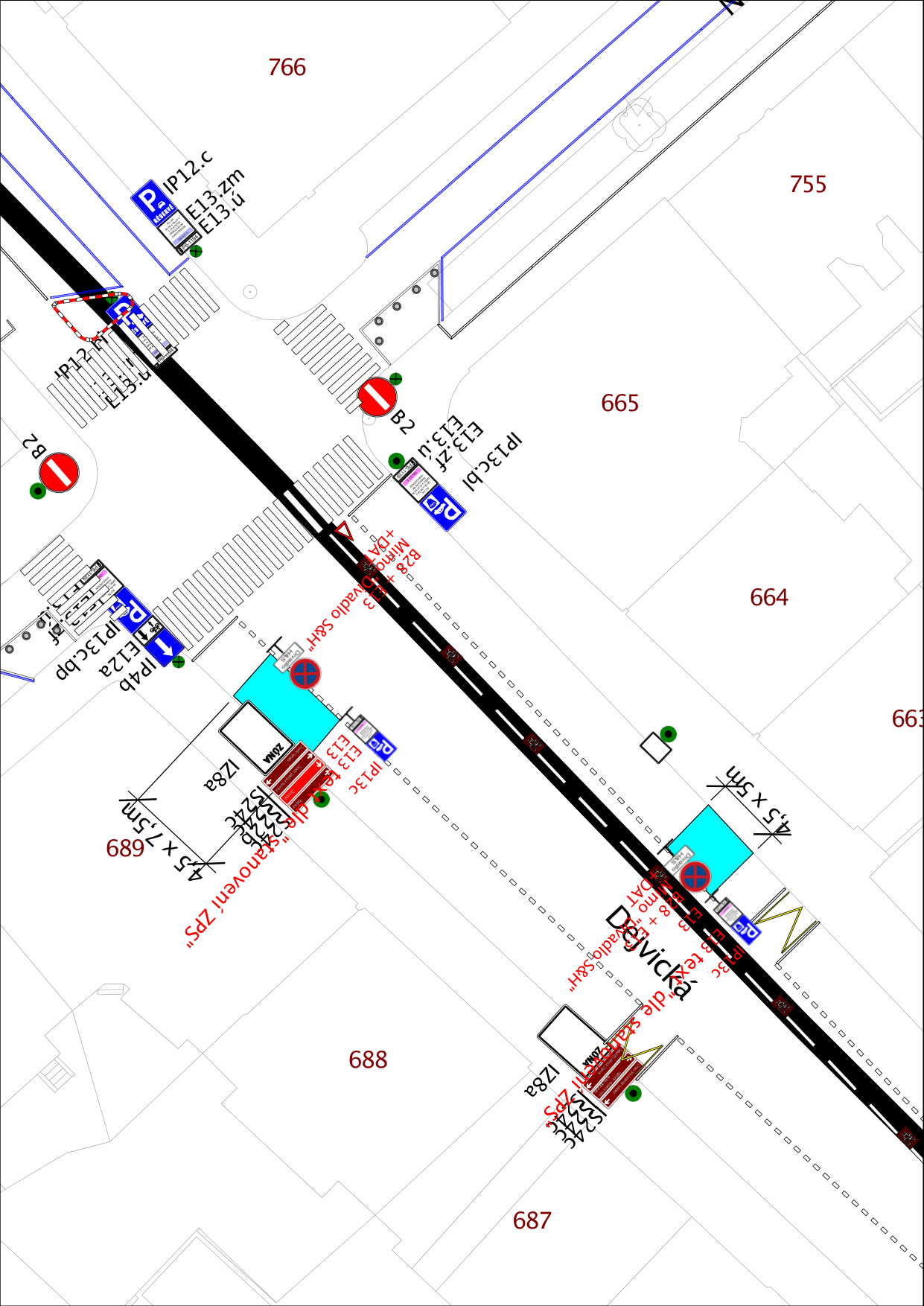 Situační nákres dopravního značení v ulici Dejvická. Obsahuje značky zákazu vjezdu (B2), parkovací zóny (IP13c, IP12.c, IP4b), dodatkové tabulky (E13, E13.ú, E13.zf, E13.bl, E12a) a vymezení parkovacích míst pro ZPS (zdravotně postižené osoby) s rozměry 4,5 x 7,5 m a 4,5 x 5 m. V plánu jsou vyznačeny parcely č. 766, 755, 665, 664, 663, 689, 688, 687 a zóny IZ8a. Texty na plánu zahrnují: 'Mimo Divadlo S&H', 'dle stanovení ZPS', 'Dejvická'.