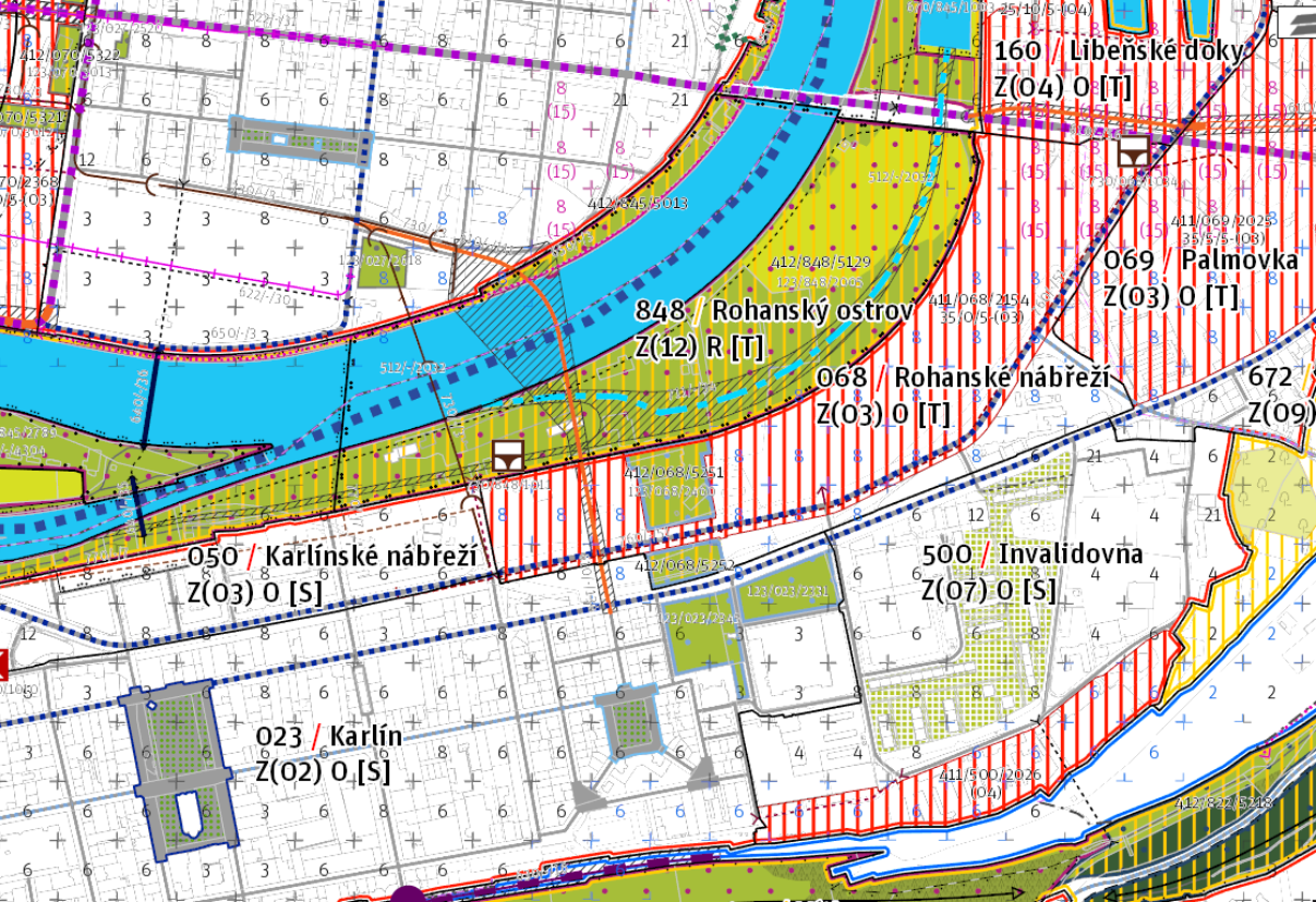 Výřez územního plánu zobrazující oblast Karlína a Rohanského ostrova v Praze. Obsahuje označené plochy s kódy a názvy: 160 Libeňské doky Z(04) O [T], 069 Palmovka Z(03) O [T], 848 Rohanský ostrov Z(12) R [T], 068 Rohanské nábřeží Z(03) O [T], 050 Karlínské nábřeží Z(03) O [S], 500 Invalidovna Z(07) O [S], 023 Karlín Z(02) O [S]. Mapa obsahuje parcelní čísla, hranice pozemků a barevné značení funkčního využití území.