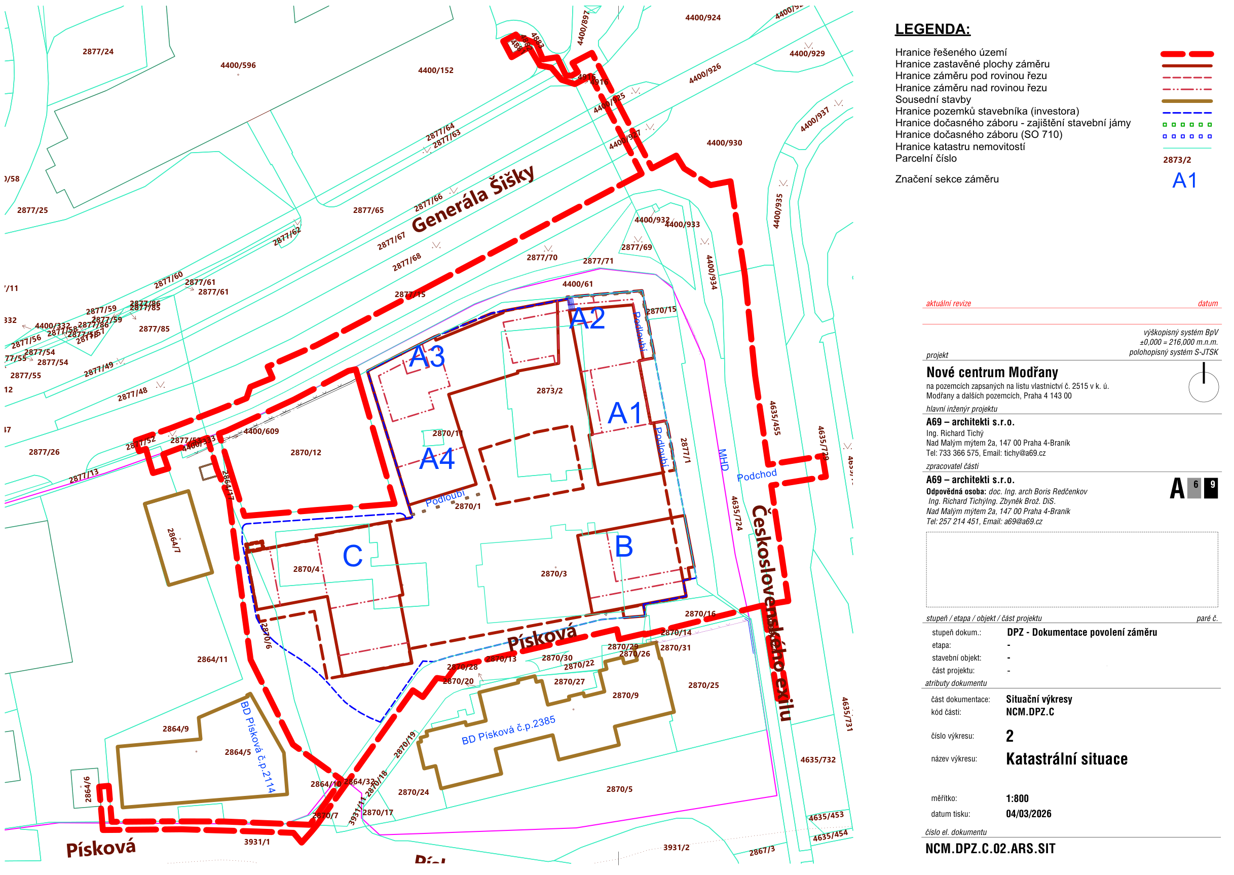 Situační výkres projektu 'Nové centrum Modřany' na pozemcích v Praze 4. Dokument obsahuje katastrální mapu s vyznačením hranic řešeného území, zastavěných ploch, záměrů (objekty A1, A2, A3, A4, B, C) a dočasných záborů. Identifikační údaje: projekt Nové centrum Modřany, zpracovatel A69 – architekti s.r.o. (Ing. Richard Tichý, doc. Ing. arch Boris Redčenkov, Ing. Richard Tichý, Zbyněk Brož, DiS.), kontakt: 733 366 575, tichy@a69.cz, 257 214 451, a69@a69.cz. Stupeň dokumentace: DPZ – Dokumentace povolení záměru, číslo výkresu: 2, název výkresu: Katastrální situace, datum tisku: 04/03/2026, měřítko: 1:800, číslo el. dokumentu: NCM.DPZ.C.02.ARS.SIT. V mapě jsou vyznačeny ulice Generála Šišky, Písková a Československého exilu.
