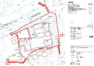 Situační výkres projektu 'Nové centrum Modřany' na pozemcích v Praze 4. Dokument obsahuje katastrální mapu s vyznačením hranic řešeného území, zastavěných ploc…