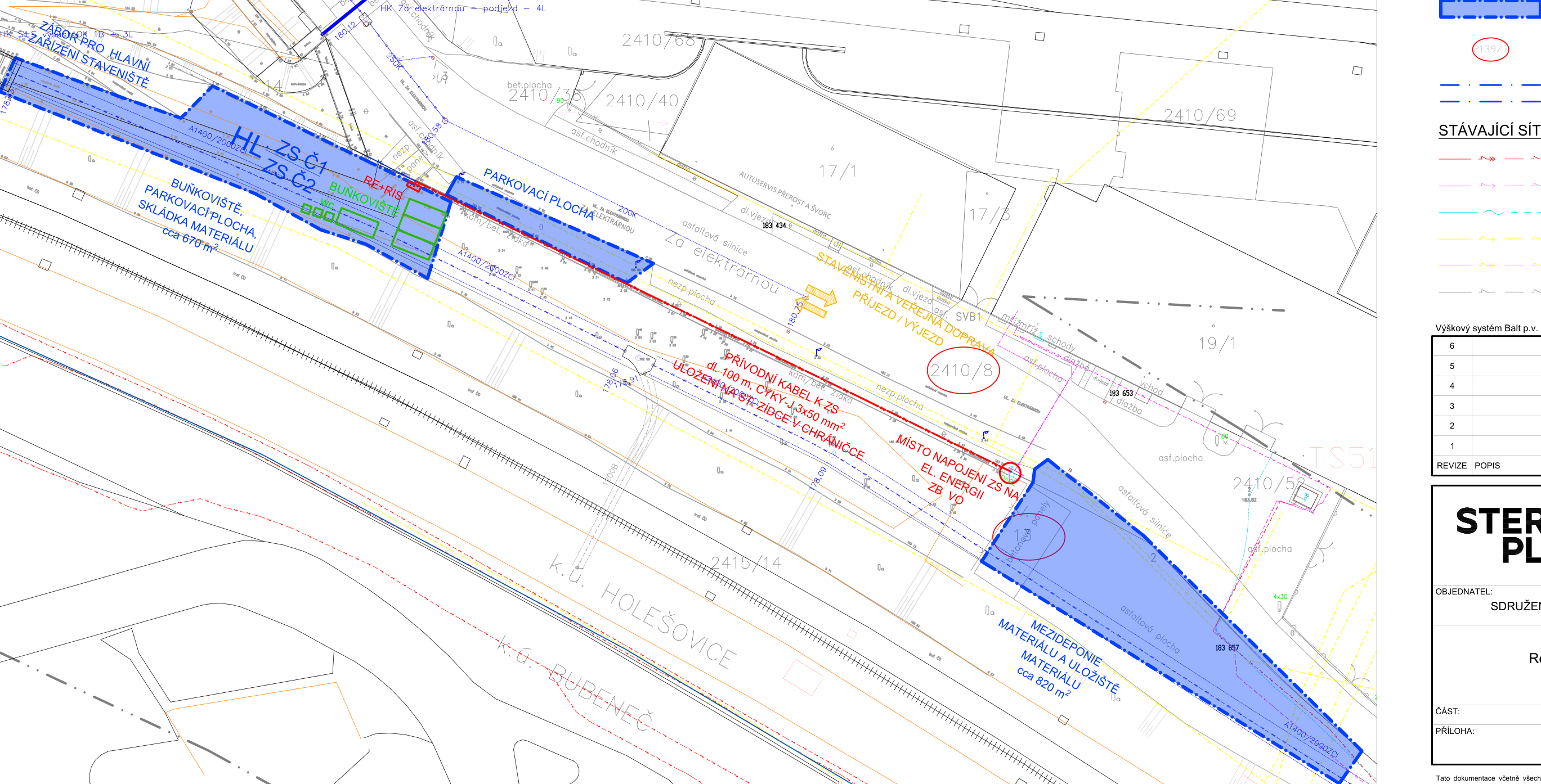 Situační plán staveniště v k.ú. Holešovice a Bubeneč. Obsahuje: ZÁBOR PRO HLAVNÍ ZAŘÍZENÍ STAVENIŠTĚ (cca 670 m²), HL ZS Č1, ZS Č2, BUŇKOVIŠTĚ, PARKOVACÍ PLOCHA, SKLÁDKA MATERIÁLU, RE+RIS, PARKOVACÍ PLOCHA, STAVENIŠTNÍ A VEŘEJNÁ DOPRAVA PŘÍJEZD / VÝJEZD, PŘÍVODNÍ KABEL K ZS dl. 100 m, CYKY-J 3x50 mm², ULOŽENÍ NA ST. ZIDCE V CHRANIČCE, MÍSTO NAPOJENÍ ZS NA EL. ENERGII ZB, VO, MEZIDEPONIE MATERIÁLU A ULOŽIŠTĚ MATERIÁLU (cca 820 m²). Parcelní čísla: 2410/68, 2410/40, 2410/8, 2410/58, 2415/14, 17/1, 17/5, 19/1.