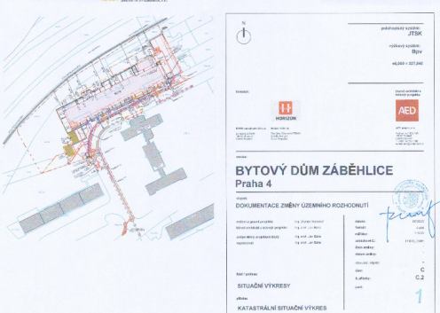 Katastrální situační výkres stavby bytového domu v lokalitě Praha 4 - Záběhlice.