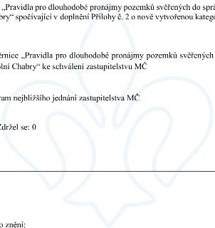 Úryvek z úředního dokumentu týkající se změny pravidel pro pronájem pozemků: „Pravidla pro dlouhodobé pronájmy pozemků svěřených do správy MČ Praha-Dolní Chabr…